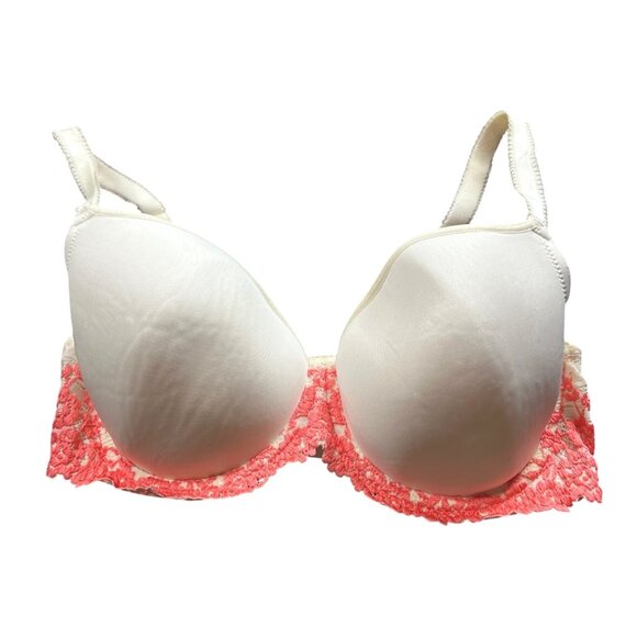 Wacoal Sexy Tee Shirt Bra Lined Underwire 36D Lace Bra Ivory & Coral - Picture 2 of 4